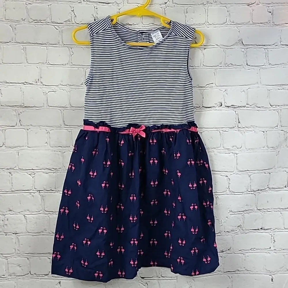 Carter's Toddler Girls Navy Blue Nautical Stripe Pink Flamingo Dress Size 4T